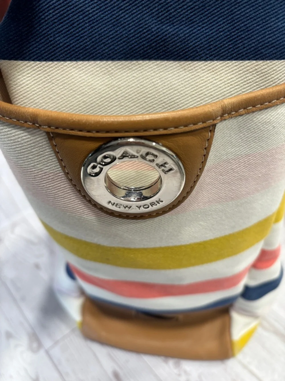 Coach Hadley Multicolor Striped Canvas Tote with Tan Trim